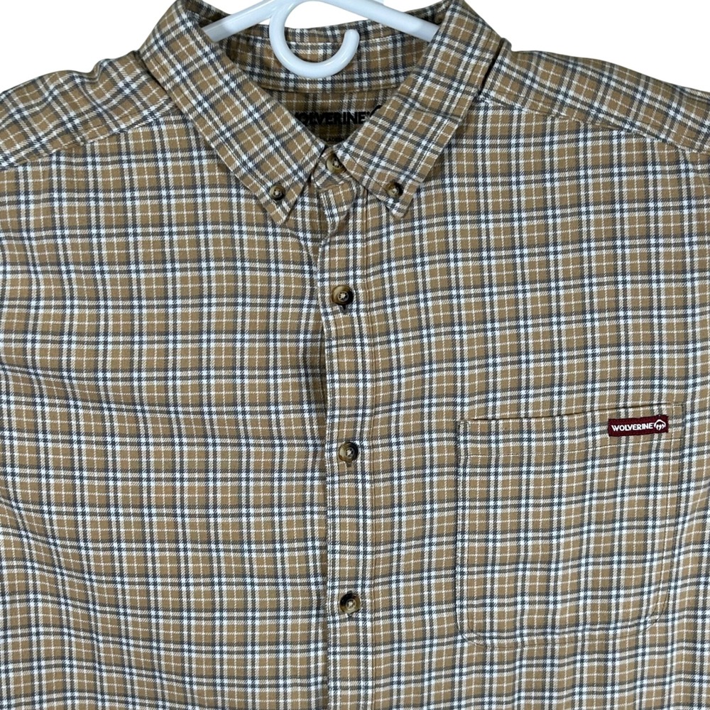 Wolverine Mens XL Plaid Button Down Shirt Tan Long Sleeve Workwear Cotton Blend